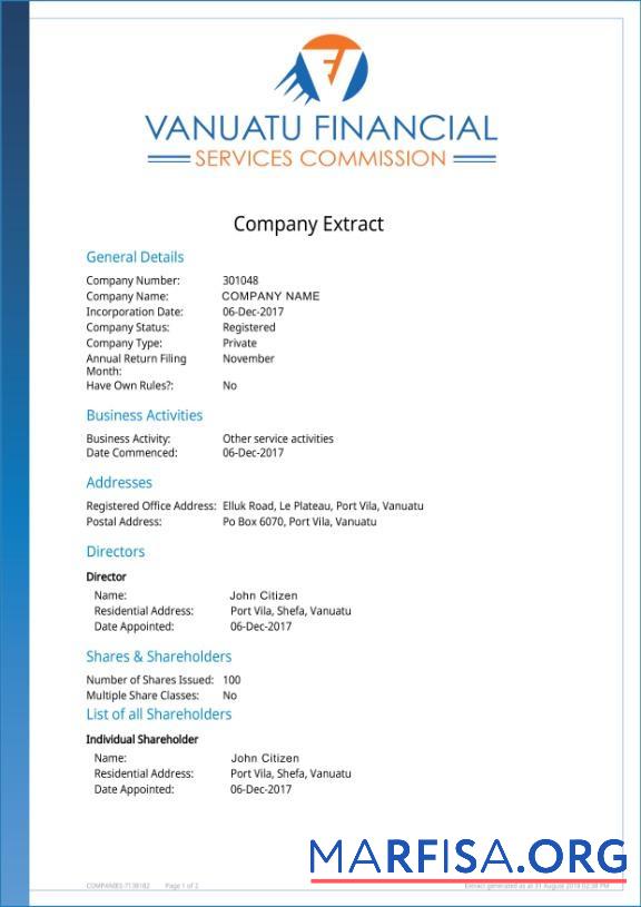 Downloadable Vanuatu Company Extract template